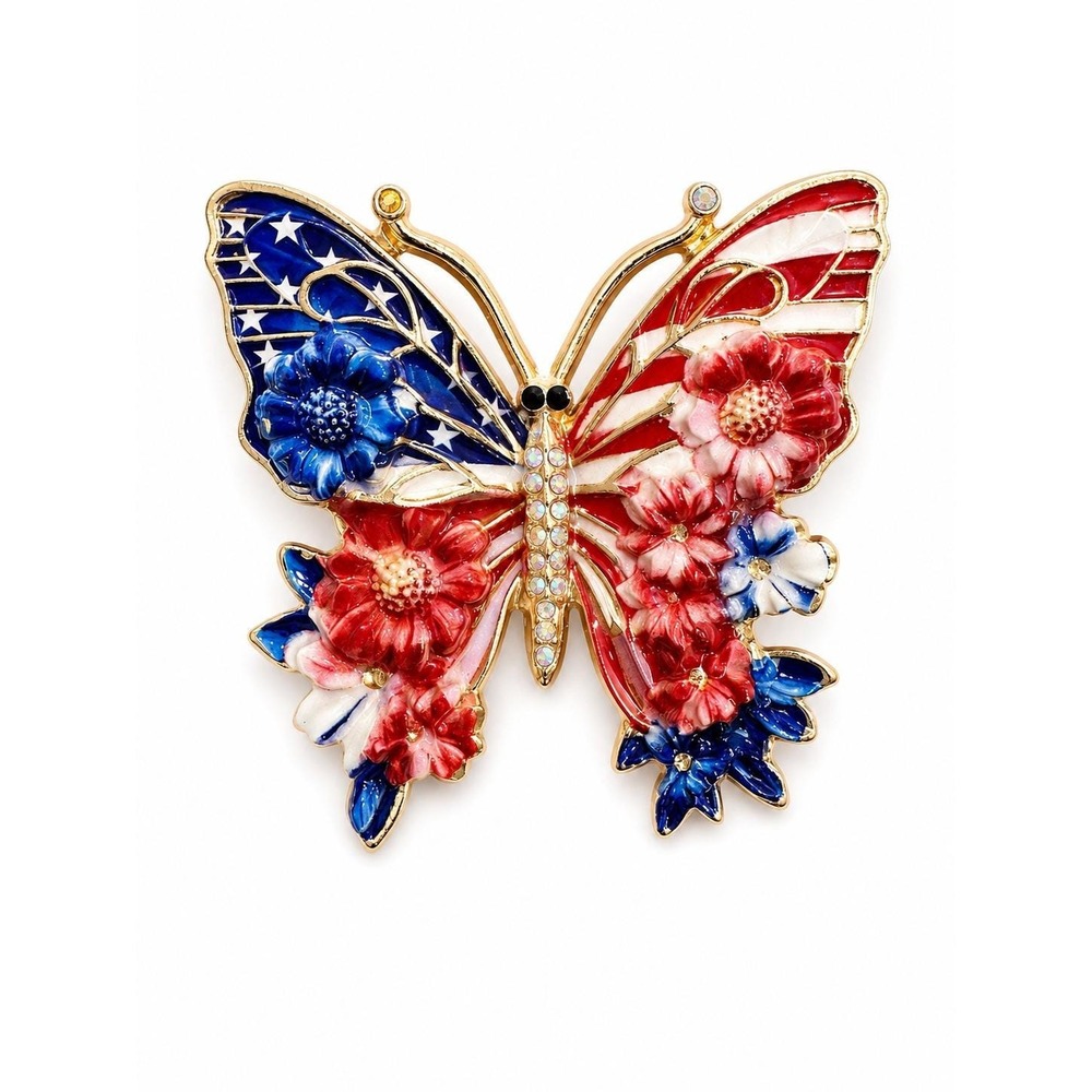 Patriotic Butterfly Brooch USA Flag Enamel Rhinestone Floral Gold Tone